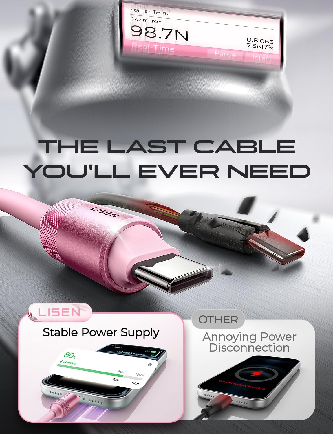 image:imageLISEN 10FT USB C Cable Fast Charging Chubby 240W Cable USB C to USB C Fast Charging Soft Silicone USBC to USBC Parallel Cable for iPhone 17 Pro Max 16 15 Samsung S25 Ultra MacBook Pro Air iPad BlackPink