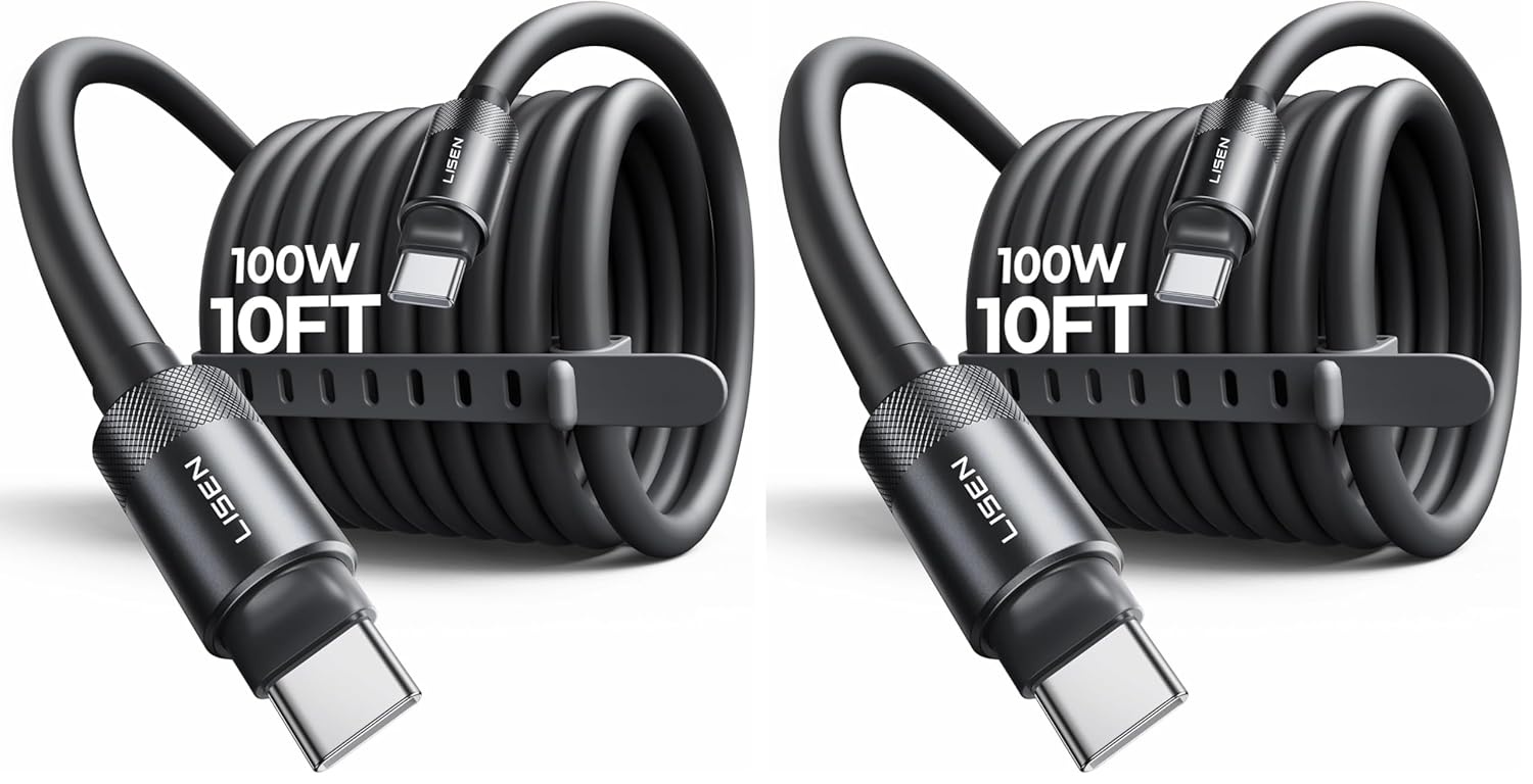 image:imageLISEN 10FT USB C Cable Fast Charging Chubby 240W Cable USB C to USB C Fast Charging Soft Silicone USBC to USBC Parallel Cable for iPhone 17 Pro Max 16 15 Samsung S25 Ultra MacBook Pro Air iPad BlackBlack