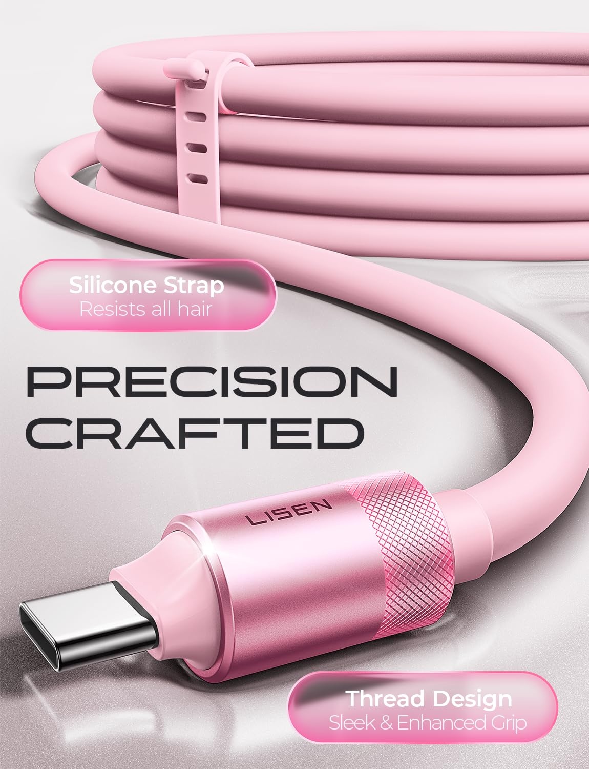 image:imageLISEN 10FT USB C Cable Fast Charging Chubby 240W Cable USB C to USB C Fast Charging Soft Silicone USBC to USBC Parallel Cable for iPhone 17 Pro Max 16 15 Samsung S25 Ultra MacBook Pro Air iPad BlackPink