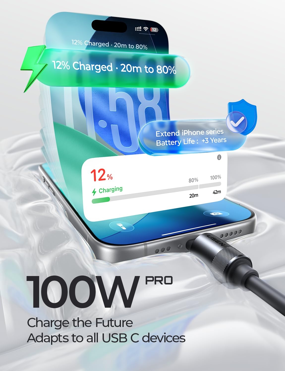 image:imageLISEN 10FT USB C Cable Fast Charging Chubby 240W Cable USB C to USB C Fast Charging Soft Silicone USBC to USBC Parallel Cable for iPhone 17 Pro Max 16 15 Samsung S25 Ultra MacBook Pro Air iPad BlackBlack