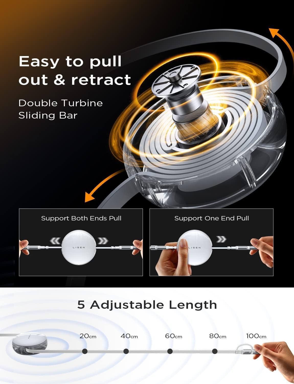 image:imageLISEN 5 in 1 Retractable Cord 60W Multi Charging Cable for Multiple DevicesWhite