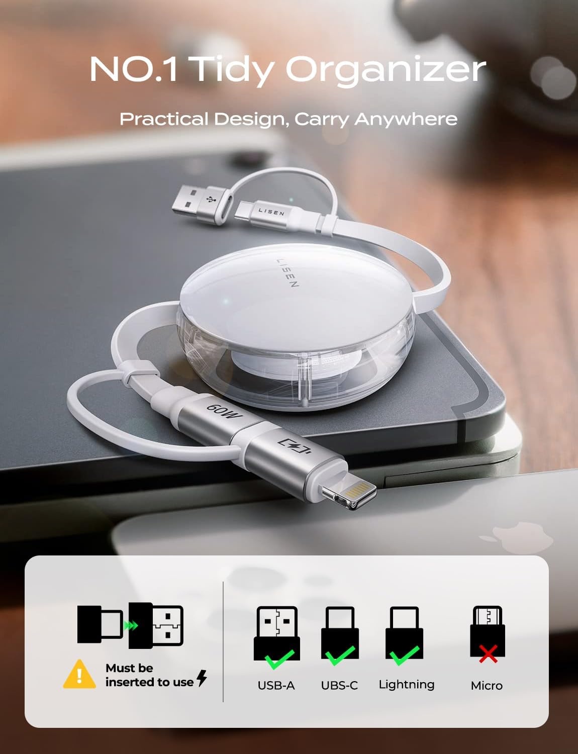 image:imageLISEN 5 in 1 Retractable Cord 60W Multi Charging Cable for Multiple DevicesWhite