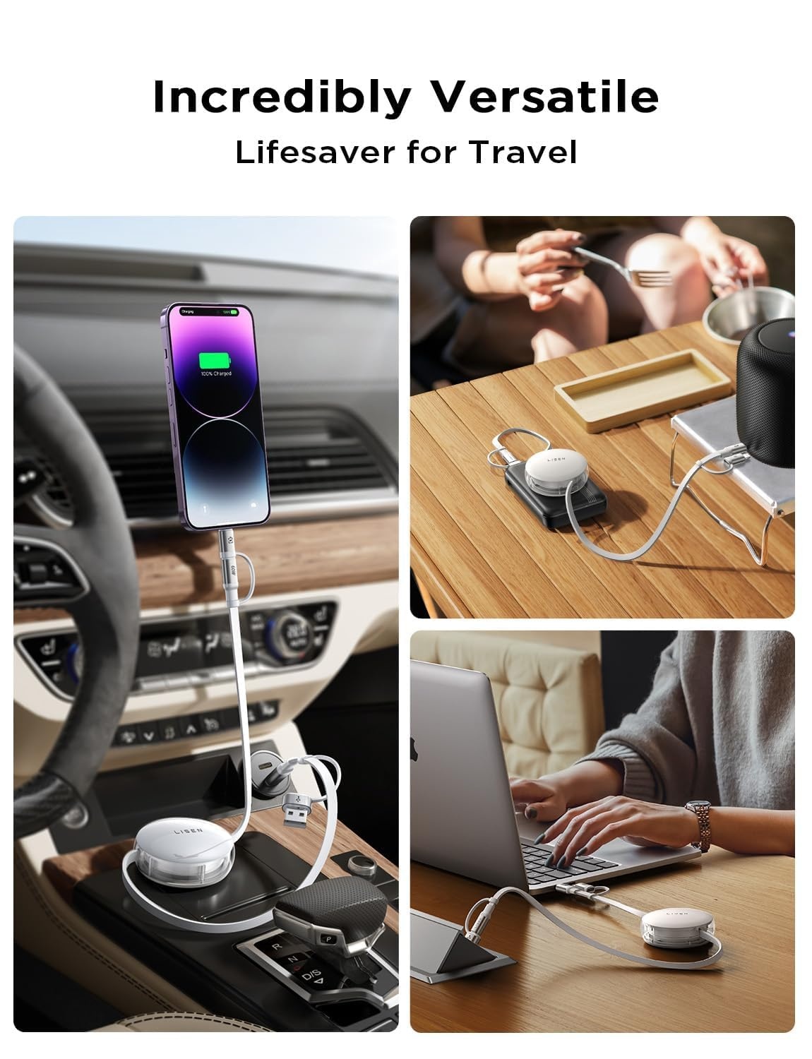 image:imageLISEN 5 in 1 Retractable Cord 60W Multi Charging Cable for Multiple DevicesWhite