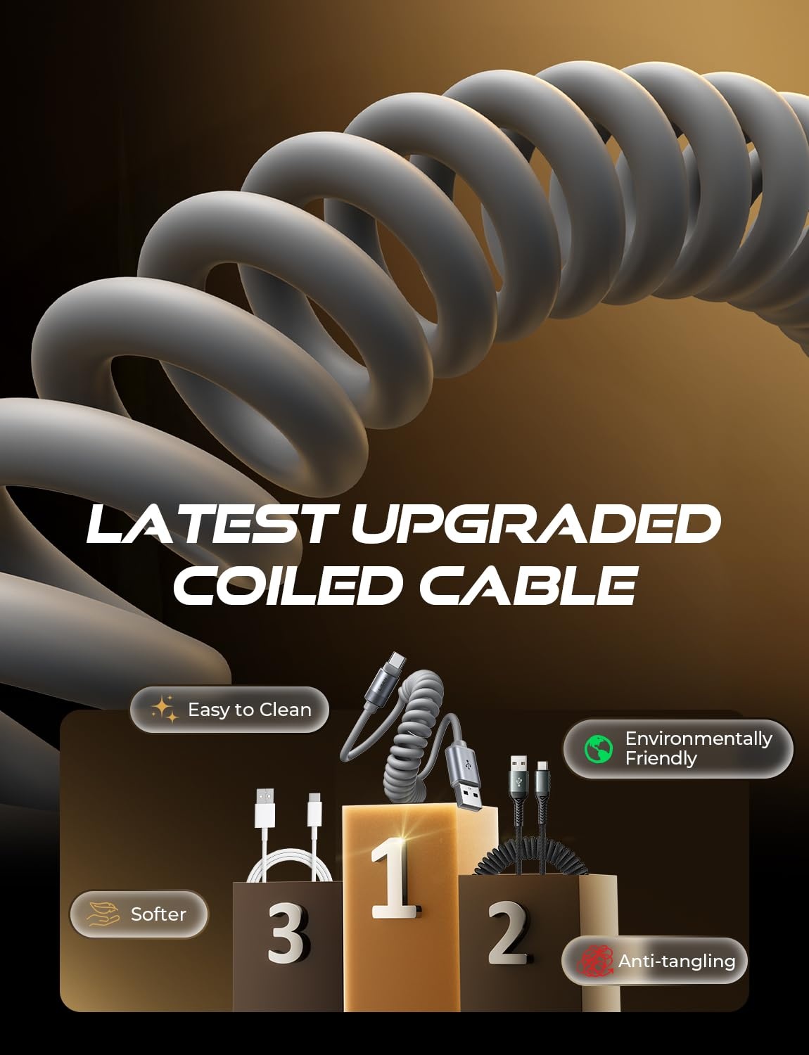 image:imageLISEN CarPlay Cable 2 Pack for iPhone 17 Air 16 15 Pro Max Car Charger Cord 31A 4FT Coiled USB C Cable Short USB A to USB C Cable Support Android Auto Compatible with Samsung Galaxy S25 S24 Grey