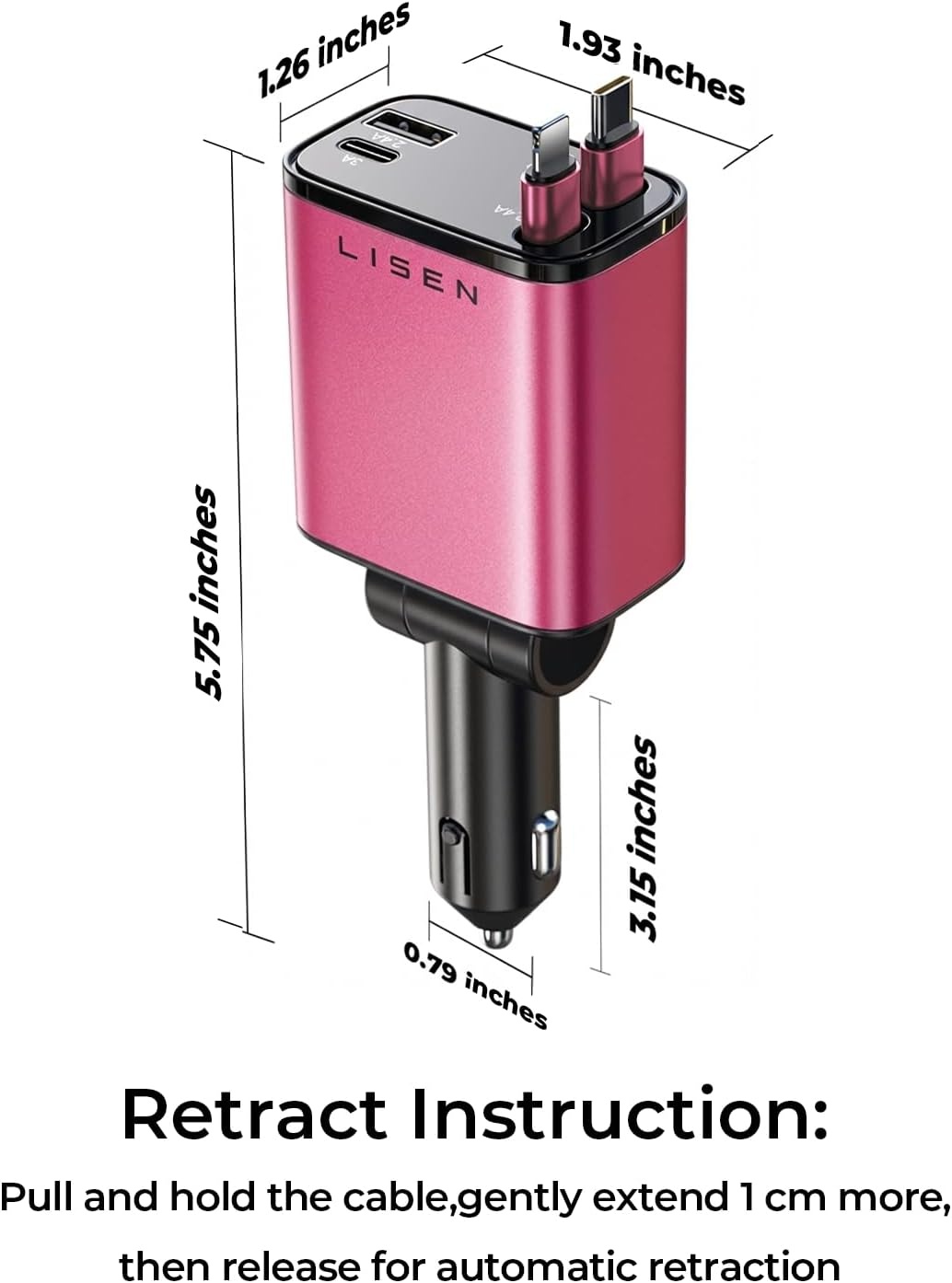 image:imageLISEN Retractable Car Charger 84W Car Charger USB C Fast Charge 4 in 1Blackpink
