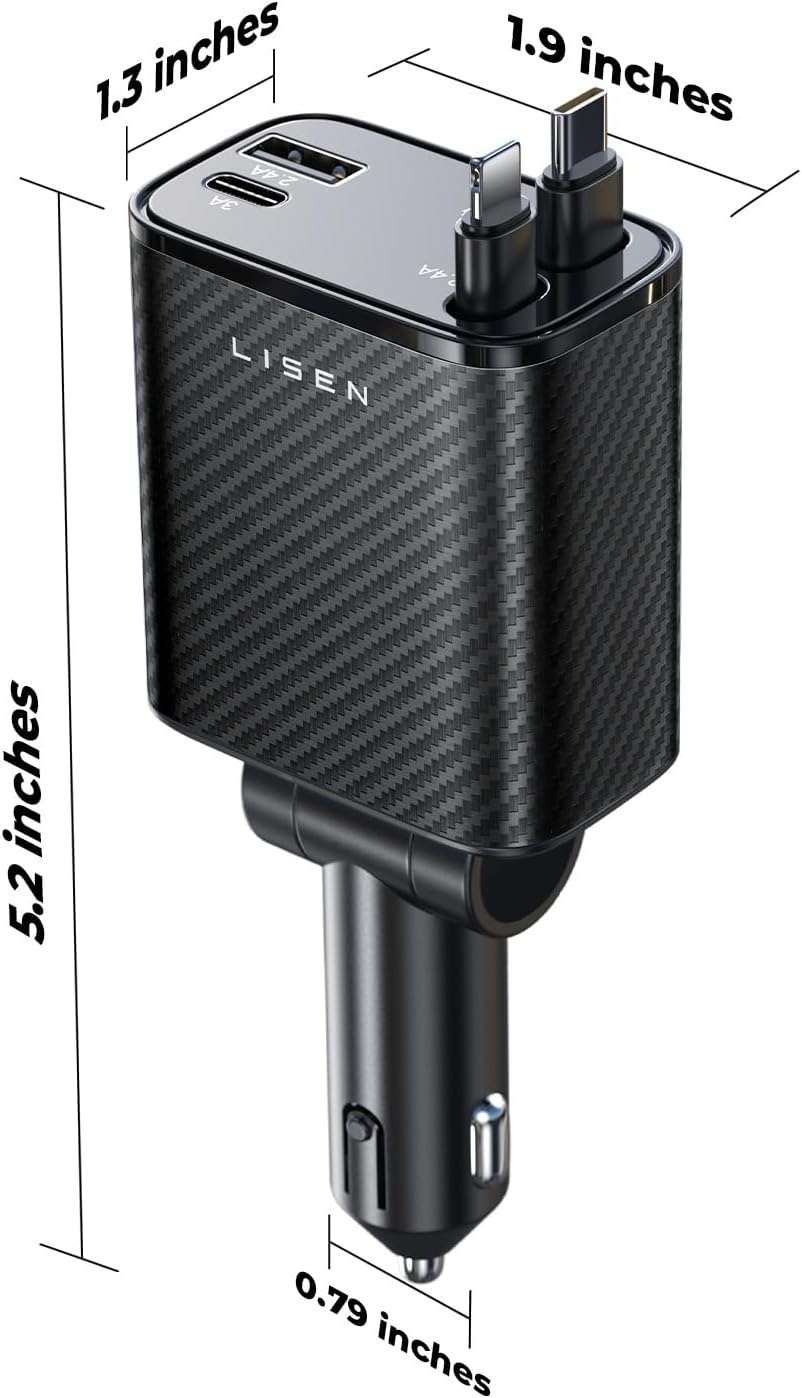 image:imageLISEN Retractable Car Charger 84W Car Charger USB C Fast Charge 4 in 1Carbon Black