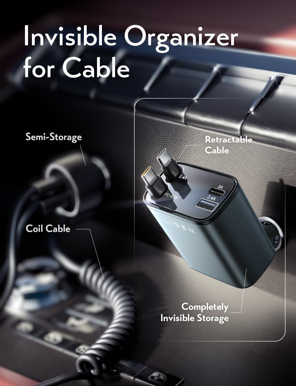 image:imageLISEN Retractable Car Charger 84W Car Charger USB C Fast Charge 4 in 1GreyDual C