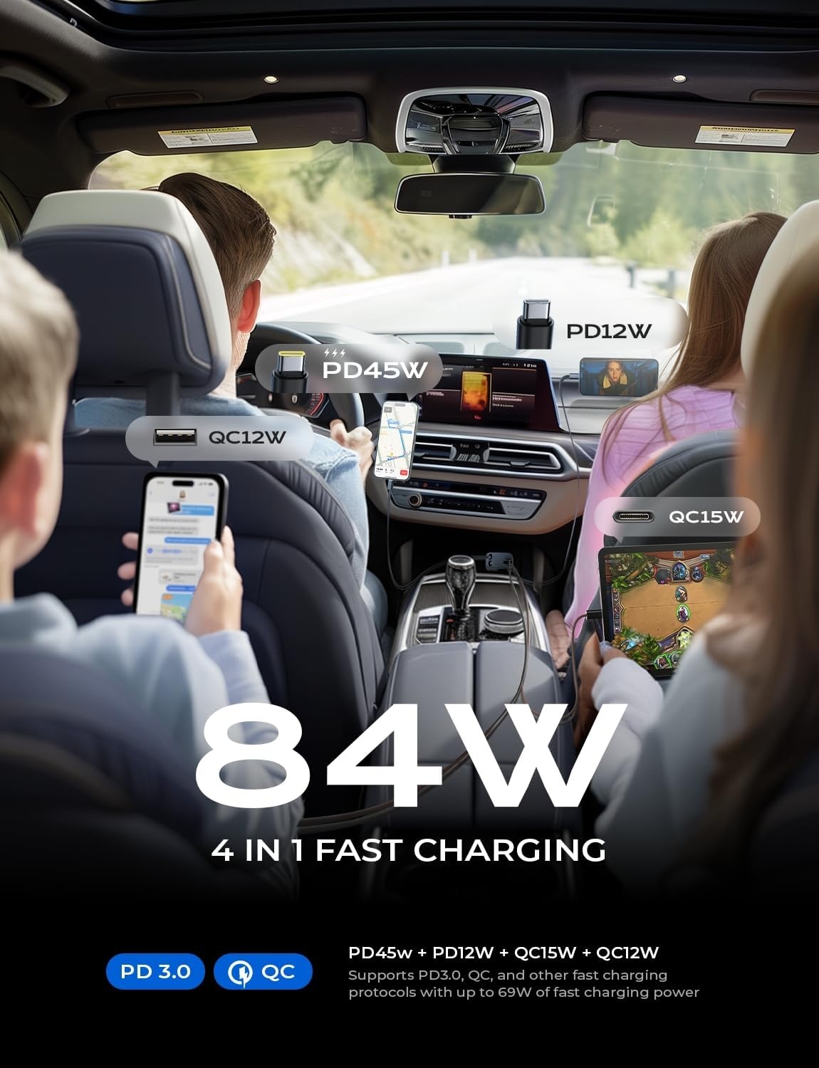 image:imageLISEN Retractable Car Charger 84W Car Charger USB C Fast Charge 4 in 1GreyDual C