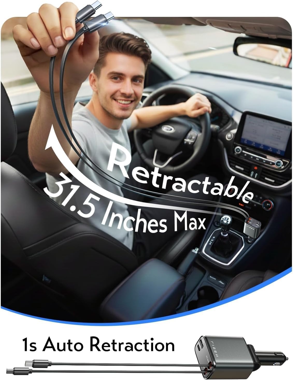 image:imageLISEN Retractable Car Charger 84W Car Charger USB C Fast Charge 4 in 1GreyDual C
