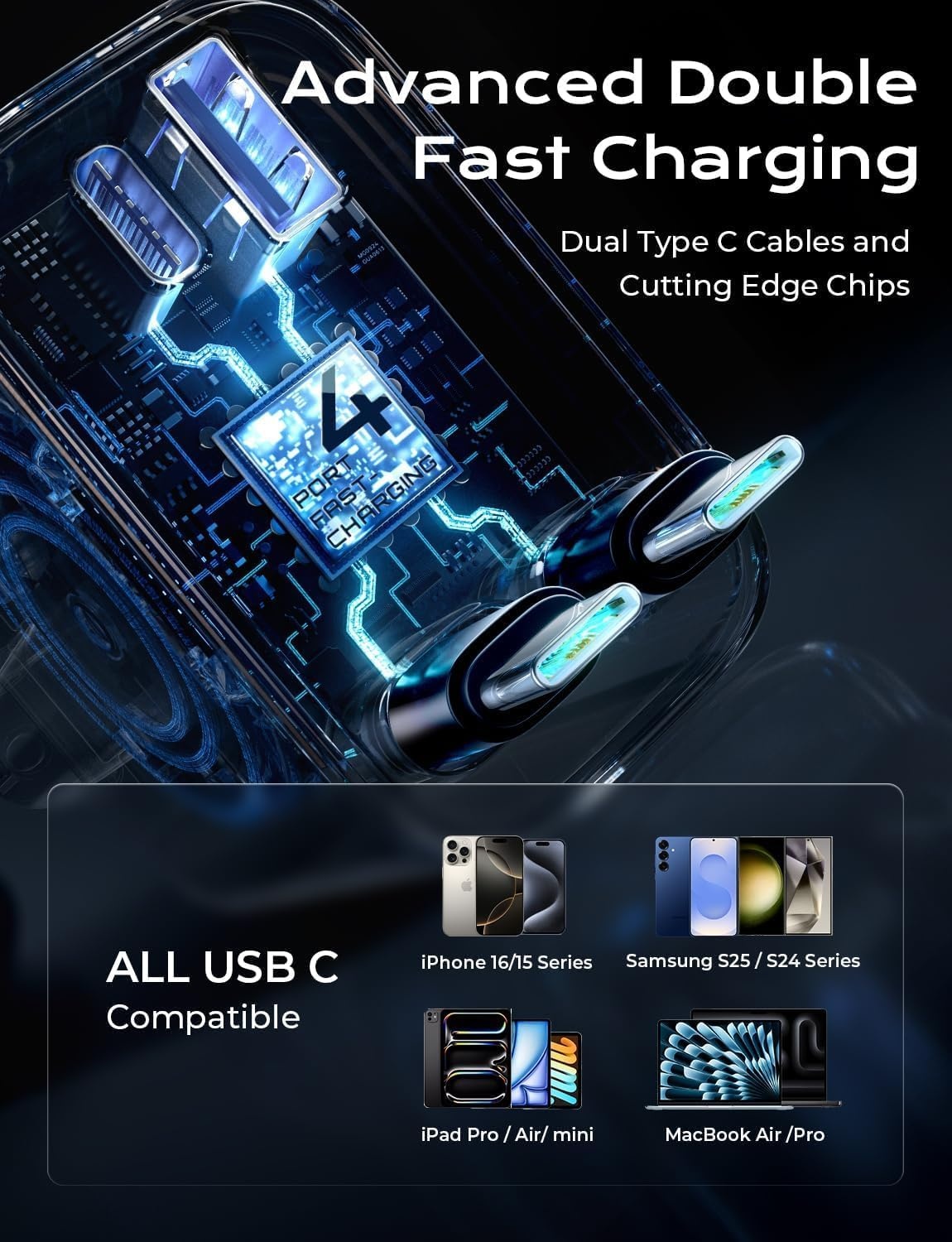 image:imageLISEN Retractable Car Charger 84W Car Charger USB C Fast Charge 4 in 1GreyDual C