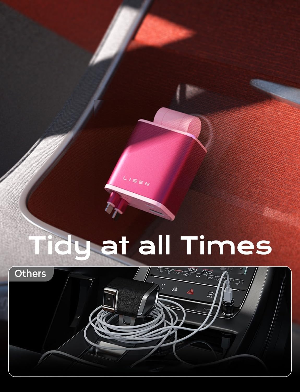 image:imageLISEN Retractable Car Charger 84W Car Charger USB C Fast Charge 4 in 1Whitepink