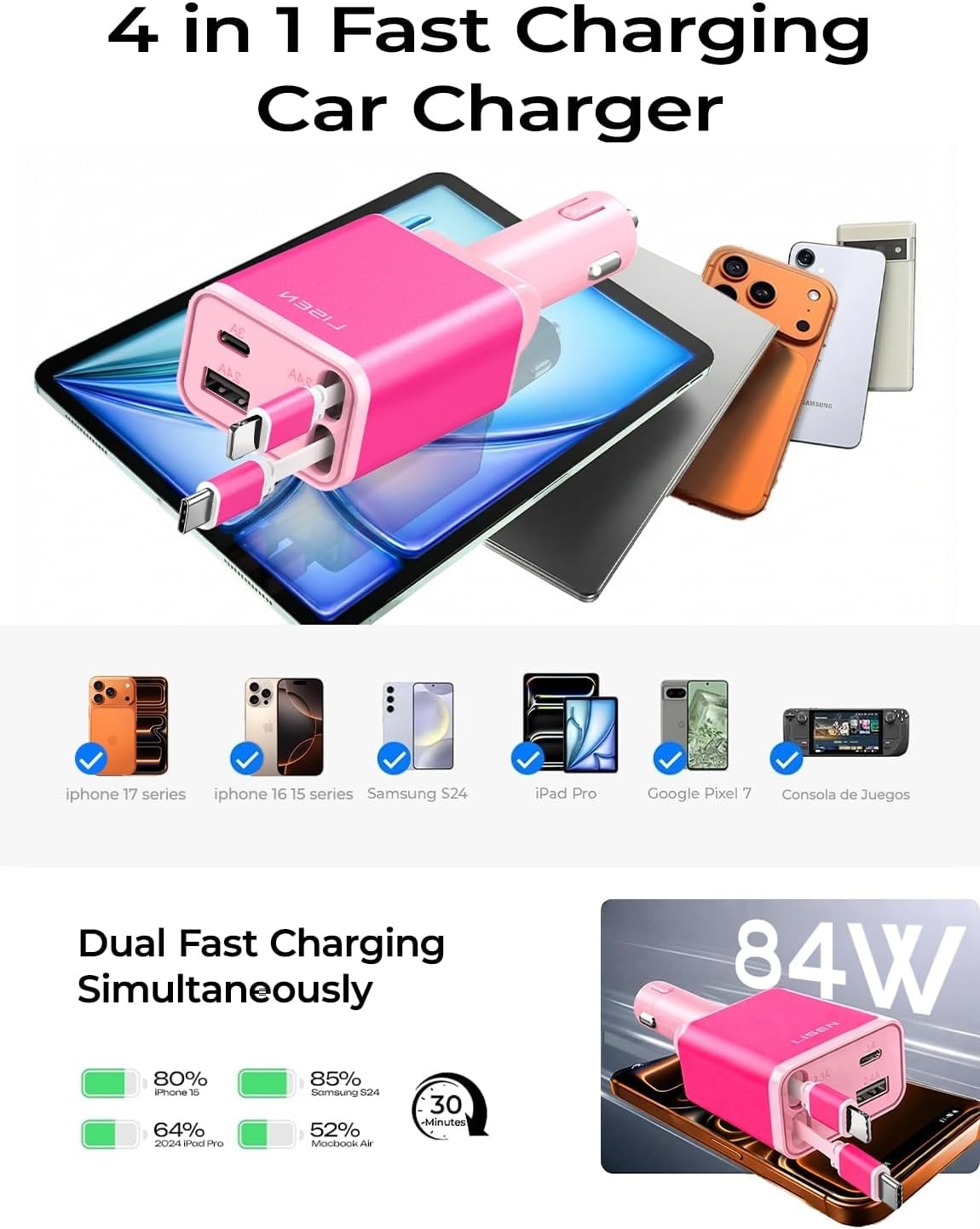 image:imageLISEN Retractable Car Charger 84W Car Charger USB C Fast Charge 4 in 1Whitepink