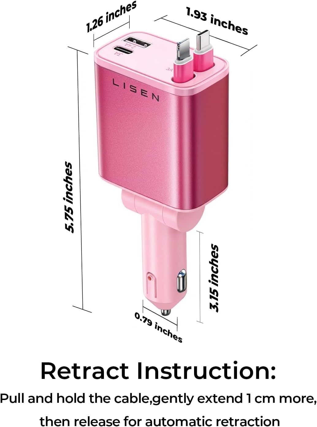 image:imageLISEN Retractable Car Charger 84W Car Charger USB C Fast Charge 4 in 1Whitepink