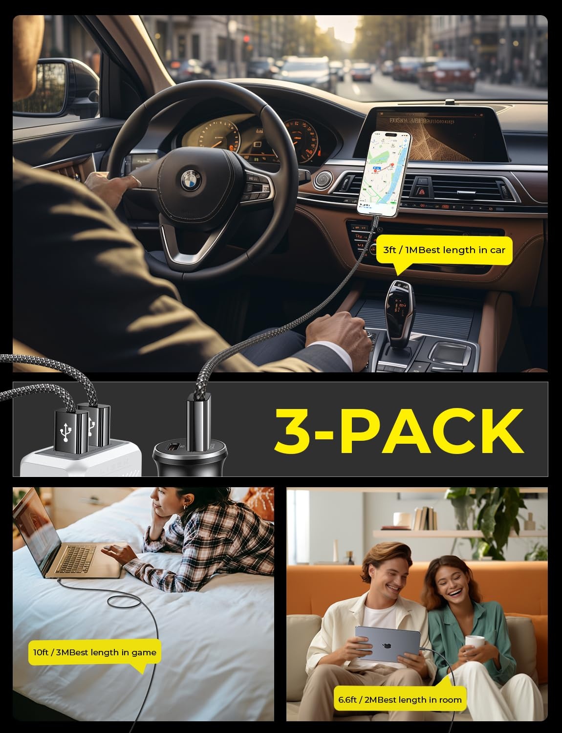 image:imageLISEN USB to USB C Cable 3Pack 3FT6FT10FT USB C CableAndroid Auto USB Cable USB A to USB C Cable Compatible with iPhone 16 15 Pro Max Samsung Galaxy S24S24S24 ultraS20S10S9 USB C Cord