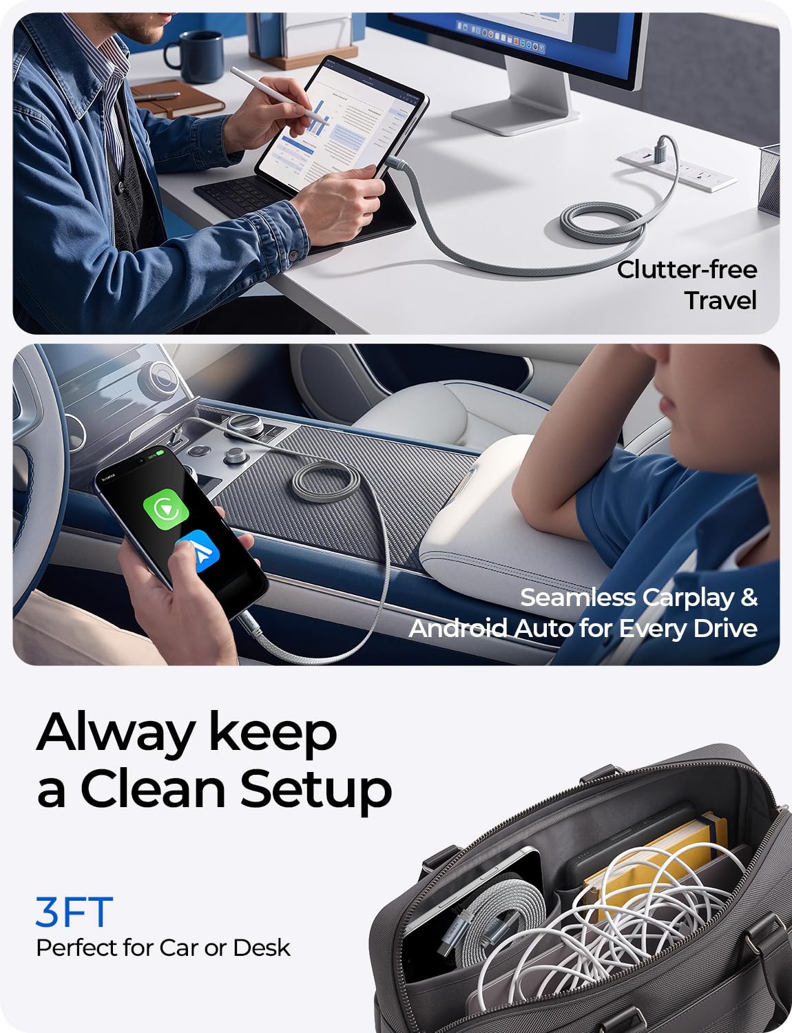 image:imageLISEN Ultra Flat Car Carplay Cable USB C for iPhone 1717 Pro Charger Cord