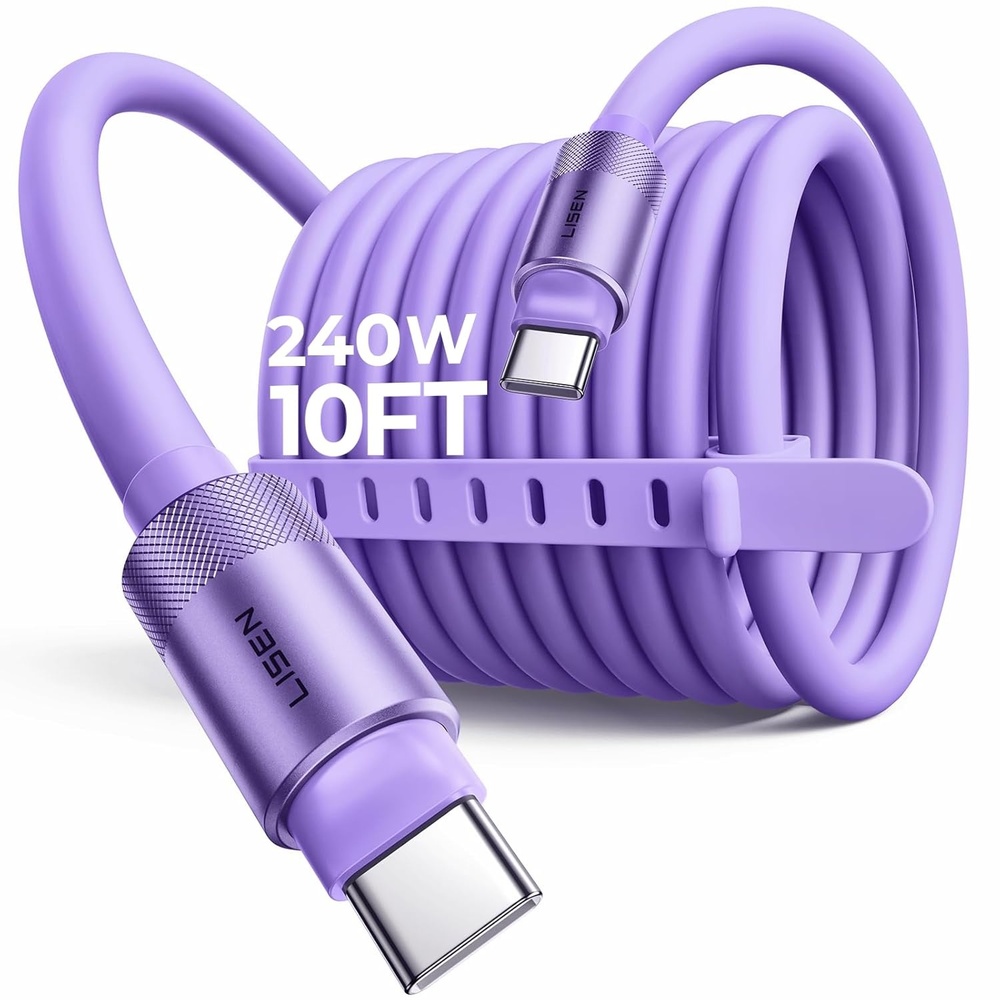 image:imageLISEN 10FT USB C Cable Fast Charging Chubby 240W Cable USB C to USB C Fast Charging Soft Silicone USBC to USBC Parallel Cable for iPhone 17 Pro Max 16 15 Samsung S25 Ultra MacBook Pro Air iPad BlackPurple
