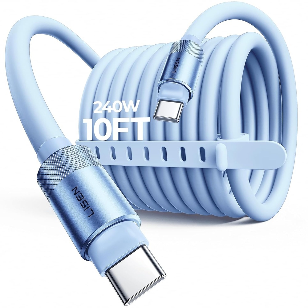 image:imageLISEN 10FT USB C Cable Fast Charging Chubby 240W Cable USB C to USB C Fast Charging Soft Silicone USBC to USBC Parallel Cable for iPhone 17 Pro Max 16 15 Samsung S25 Ultra MacBook Pro Air iPad BlackBlue