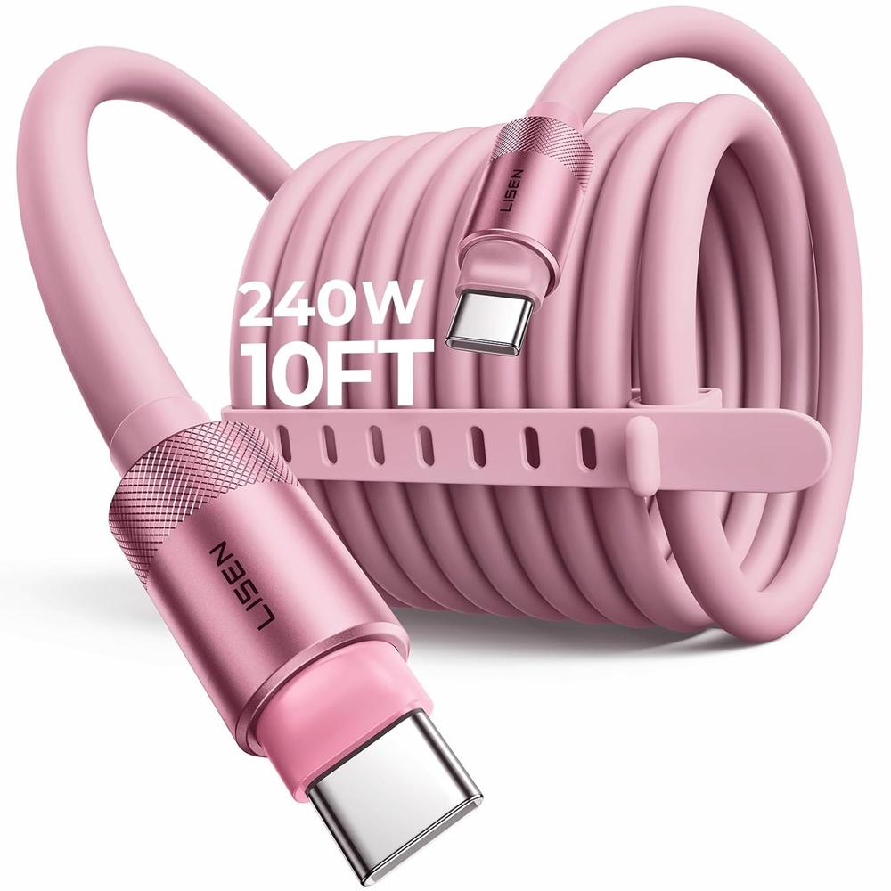 image:imageLISEN 10FT USB C Cable Fast Charging Chubby 240W Cable USB C to USB C Fast Charging Soft Silicone USBC to USBC Parallel Cable for iPhone 17 Pro Max 16 15 Samsung S25 Ultra MacBook Pro Air iPad BlackPink