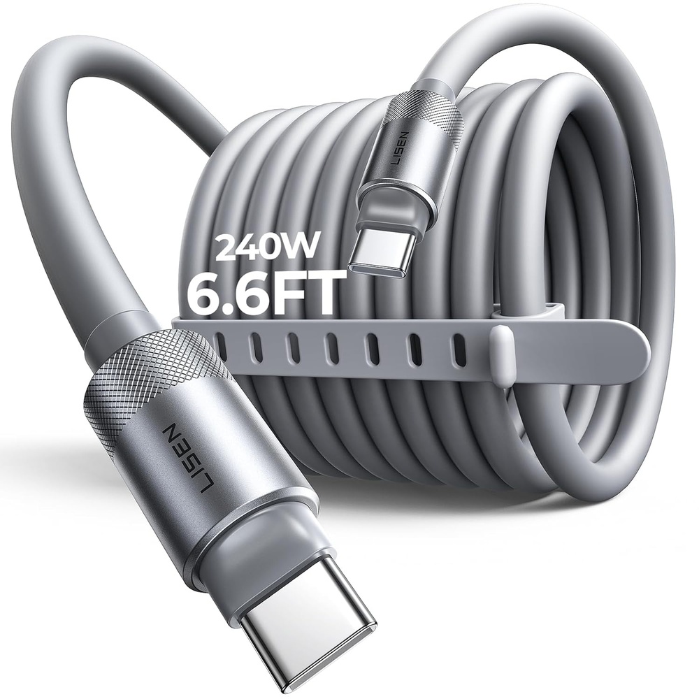 image:imageLISEN 10FT USB C Cable Fast Charging Chubby 240W Cable USB C to USB C Fast Charging Soft Silicone USBC to USBC Parallel Cable for iPhone 17 Pro Max 16 15 Samsung S25 Ultra MacBook Pro Air iPad BlackGrey