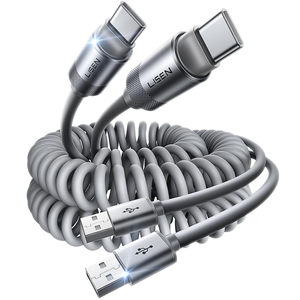 image:imageLISEN CarPlay Cable 2 Pack for iPhone 17 Air 16 15 Pro Max Car Charger Cord 31A 4FT Coiled USB C Cable Short USB A to USB C Cable Support Android Auto Compatible with Samsung Galaxy S25 S24 Grey
