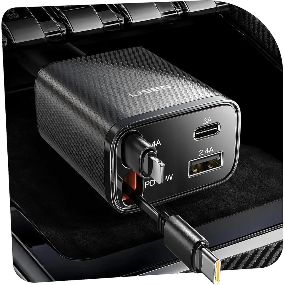 image:imageLISEN Retractable Car Charger 84W Car Charger USB C Fast Charge 4 in 1Carbon Grey