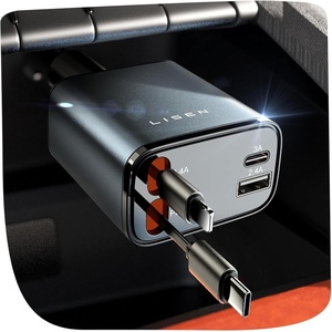 LISEN Retractable Car Charger, 84W Car Charger USB C Fast Charge, 4 in 1(Grey)