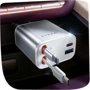 LISEN Retractable Car Charger, 84W Car Charger USB C Fast Charge, 4 in 1(White)