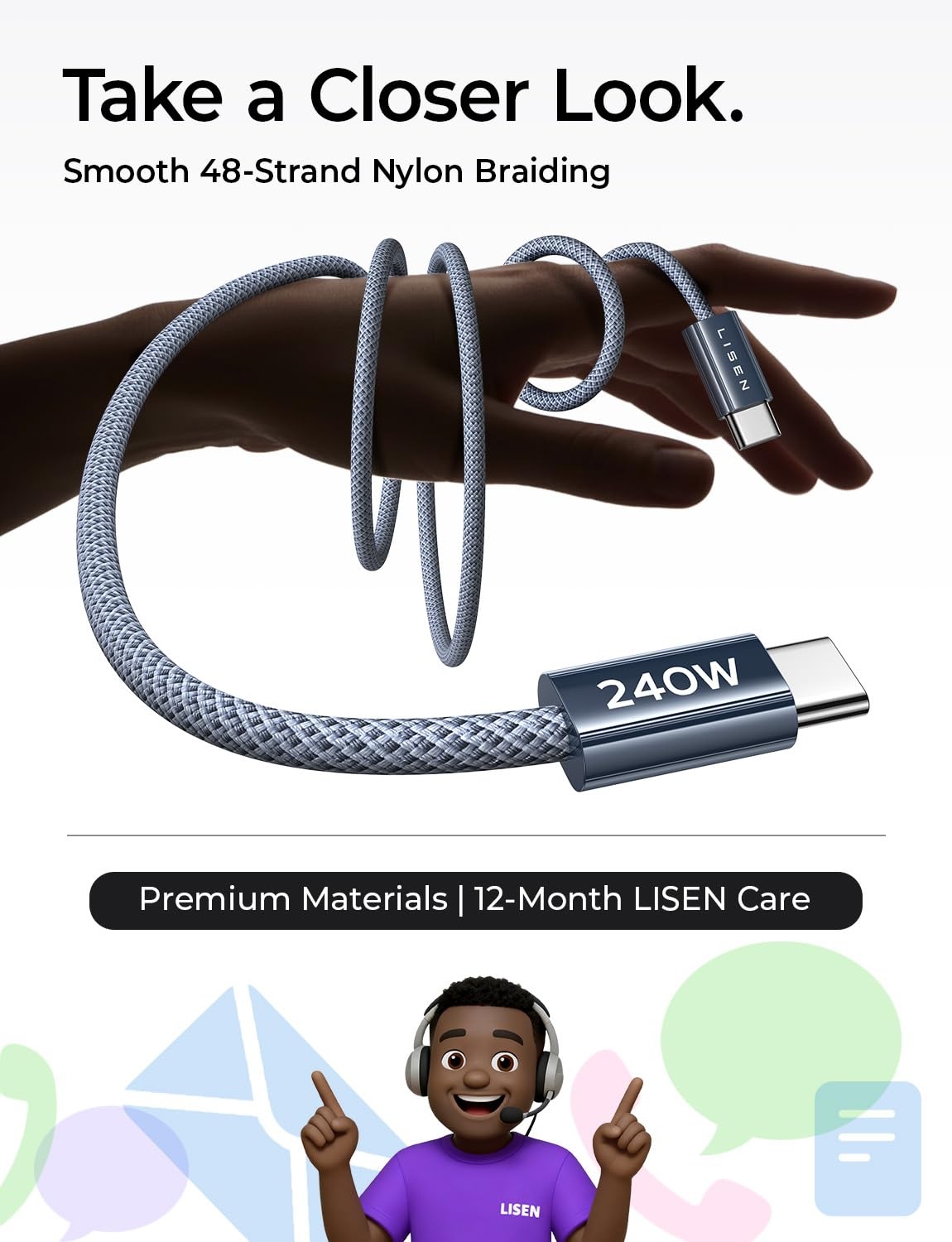image:imageLISEN 240W Short USB C to USB C Cable 15FT1 5FTMidnight