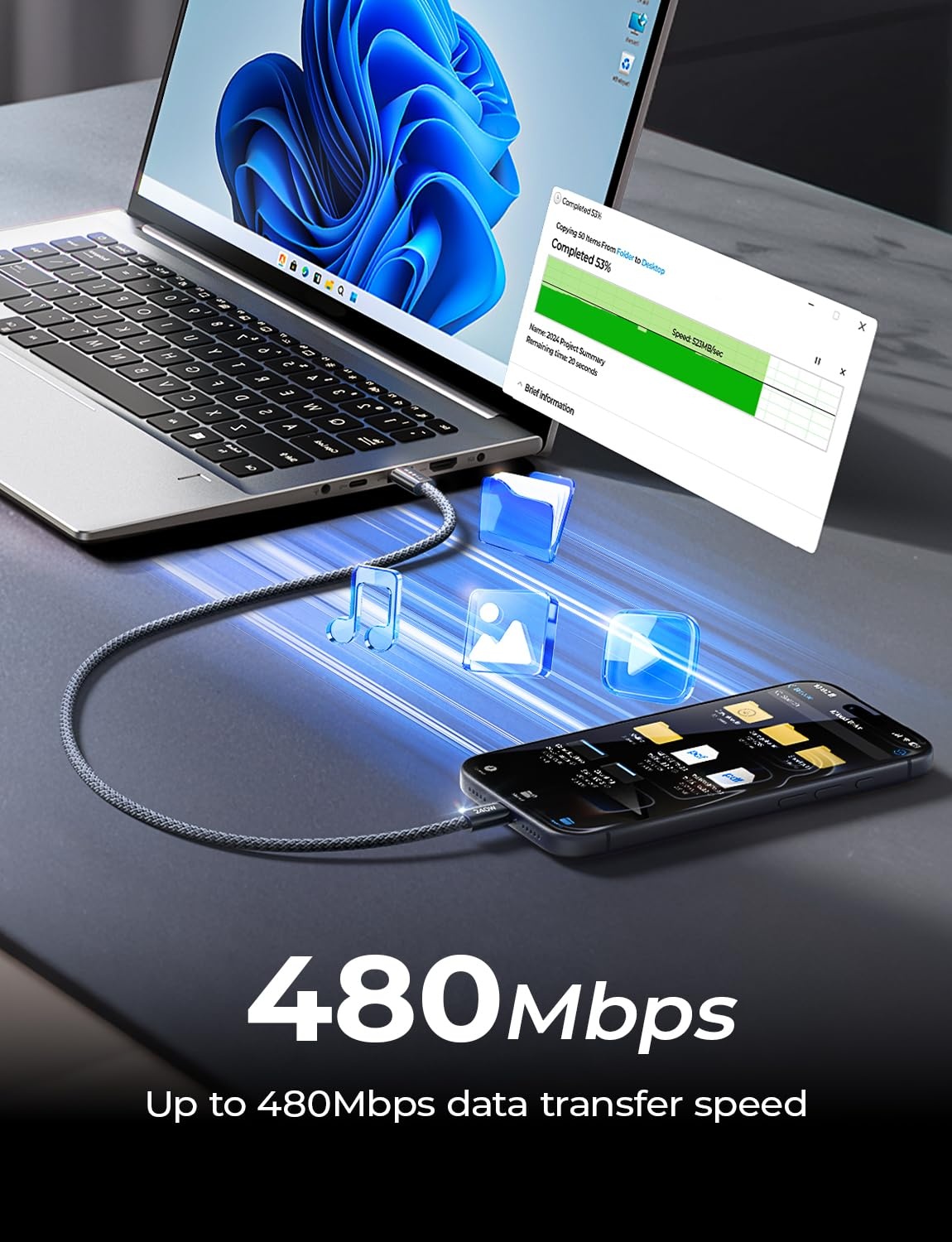 image:imageLISEN 240W Short USB C to USB C Cable 15FT1 5FTMidnight