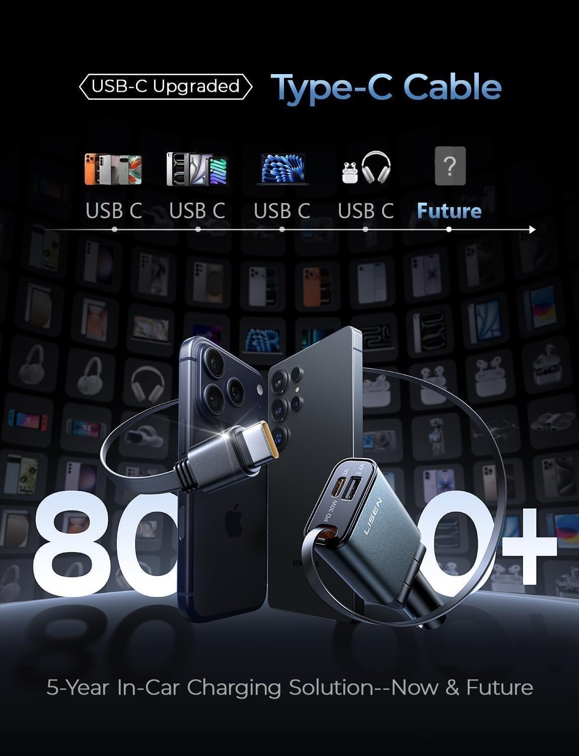 image:imageLISEN 72W Retractable Car Charger UltraCompact USBC Fast Car Charger1C CableSilver