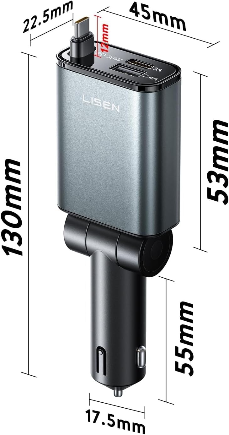 image:imageLISEN 72W Retractable Car Charger UltraCompact USBC Fast Car Charger1C CableSilver