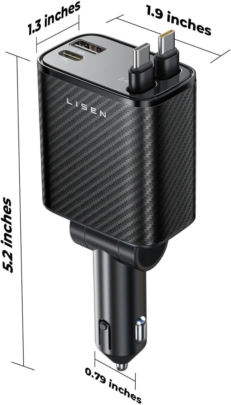 image:imageLISEN 72W Retractable Car Charger UltraCompact USBC Fast Car ChargerCarbon Black