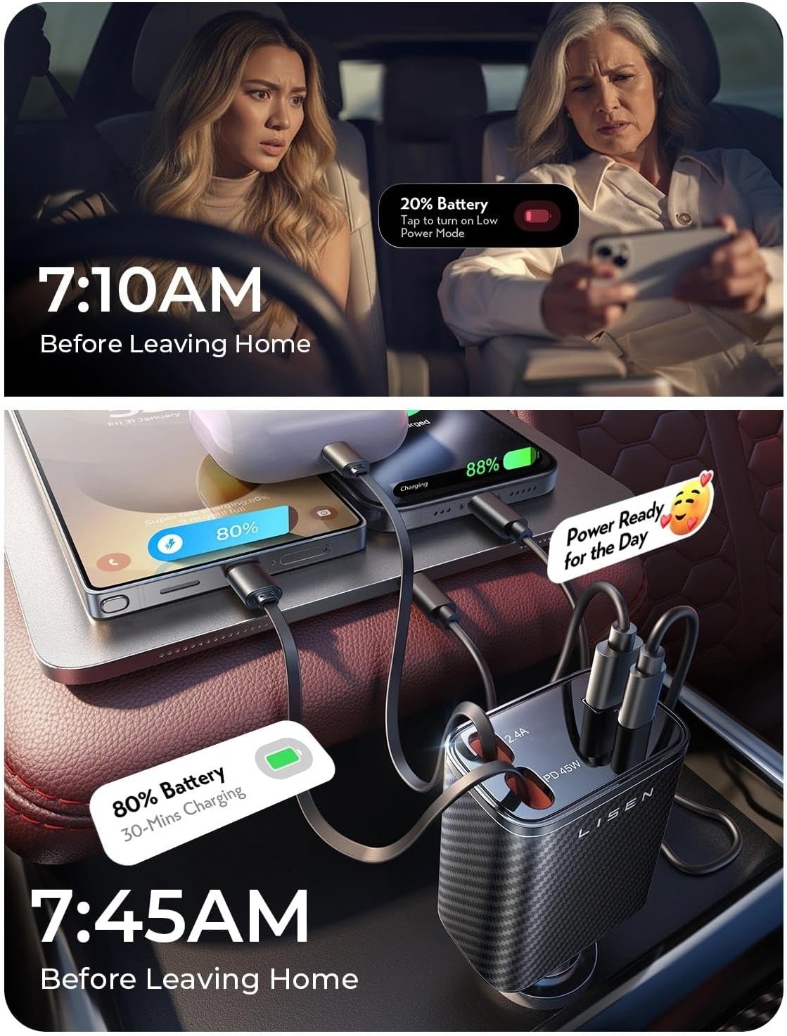 image:imageLISEN 72W Retractable Car Charger UltraCompact USBC Fast Car ChargerCarbon Black