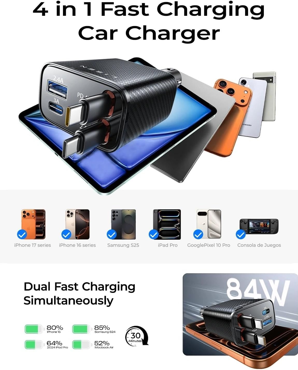 image:imageLISEN 72W Retractable Car Charger UltraCompact USBC Fast Car ChargerCarbon Black