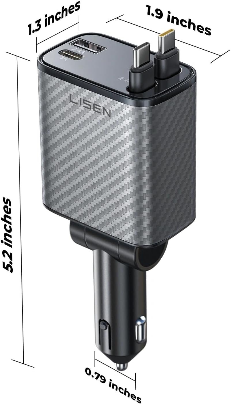 image:imageLISEN 72W Retractable Car Charger UltraCompact USBC Fast Car ChargerCarbon Grey