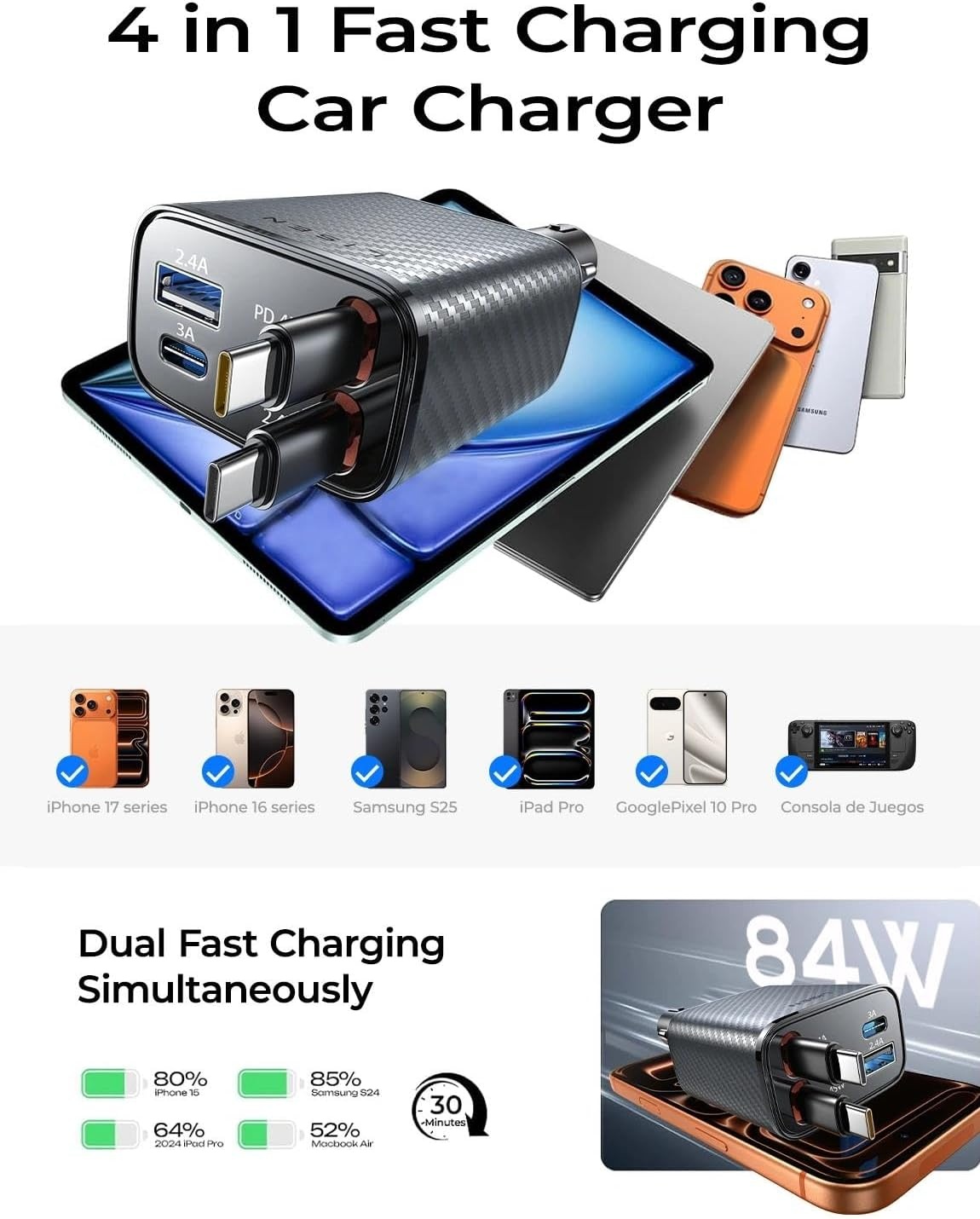 image:imageLISEN 72W Retractable Car Charger UltraCompact USBC Fast Car ChargerCarbon Grey