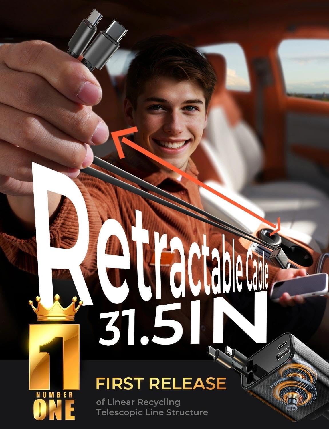 image:imageLISEN 72W Retractable Car Charger UltraCompact USBC Fast Car ChargerCarbon Grey