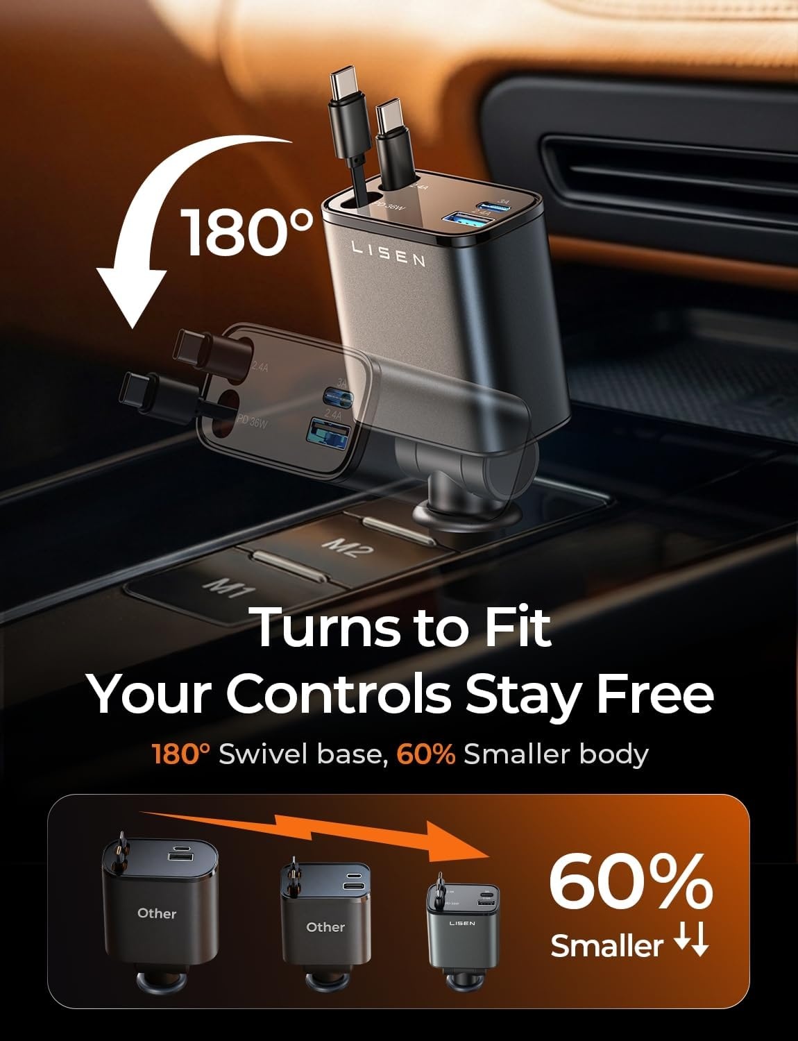 image:imageLISEN 72W Retractable Car Charger UltraCompact USBC Fast Car ChargerGrey