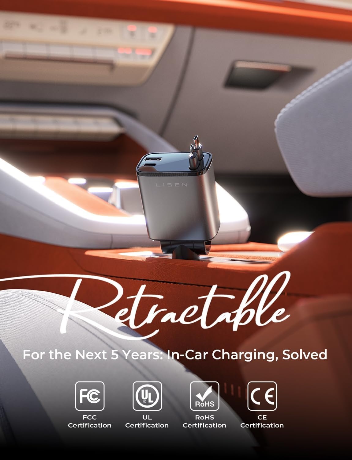 image:imageLISEN 72W Retractable Car Charger UltraCompact USBC Fast Car ChargerGrey