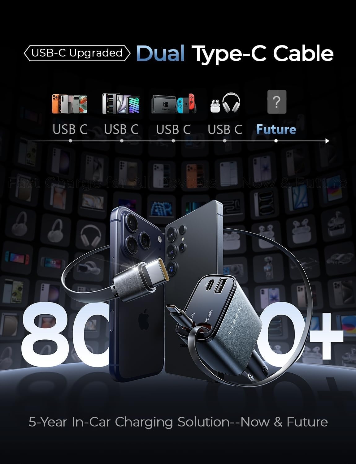 image:imageLISEN 72W Retractable Car Charger UltraCompact USBC Fast Car ChargerGrey