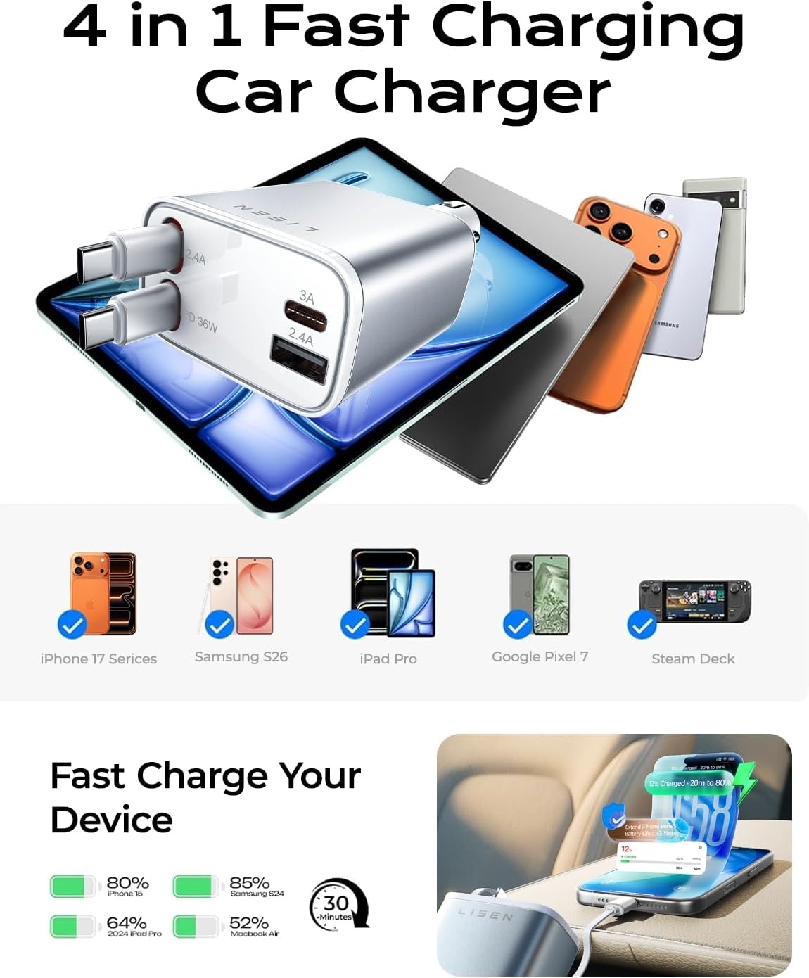 image:imageLISEN 72W Retractable Car Charger UltraCompact USBC Fast Car ChargerWhite