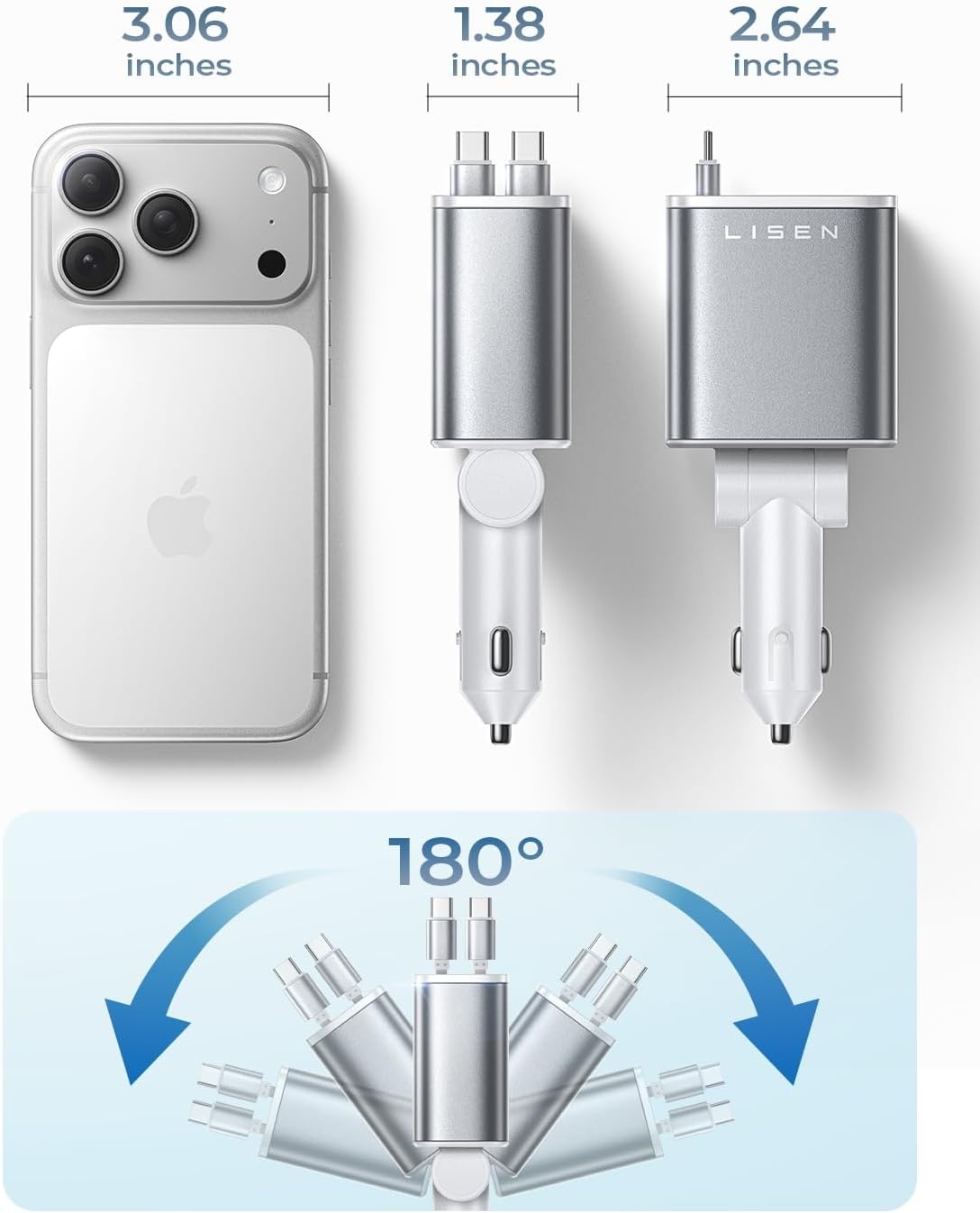 image:imageLISEN 72W Retractable Car Charger UltraCompact USBC Fast Car ChargerWhite
