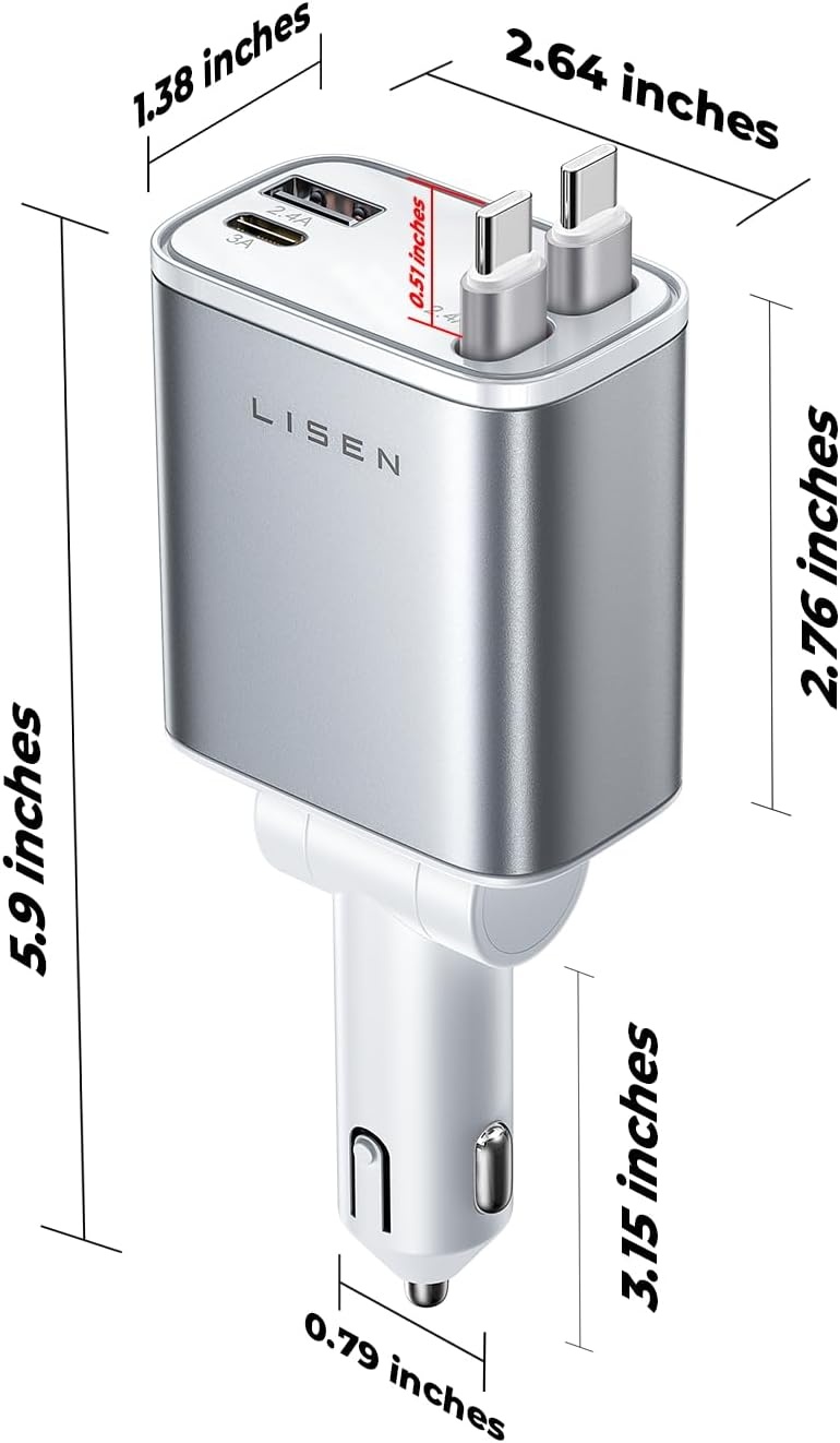 image:imageLISEN 72W Retractable Car Charger UltraCompact USBC Fast Car ChargerWhite