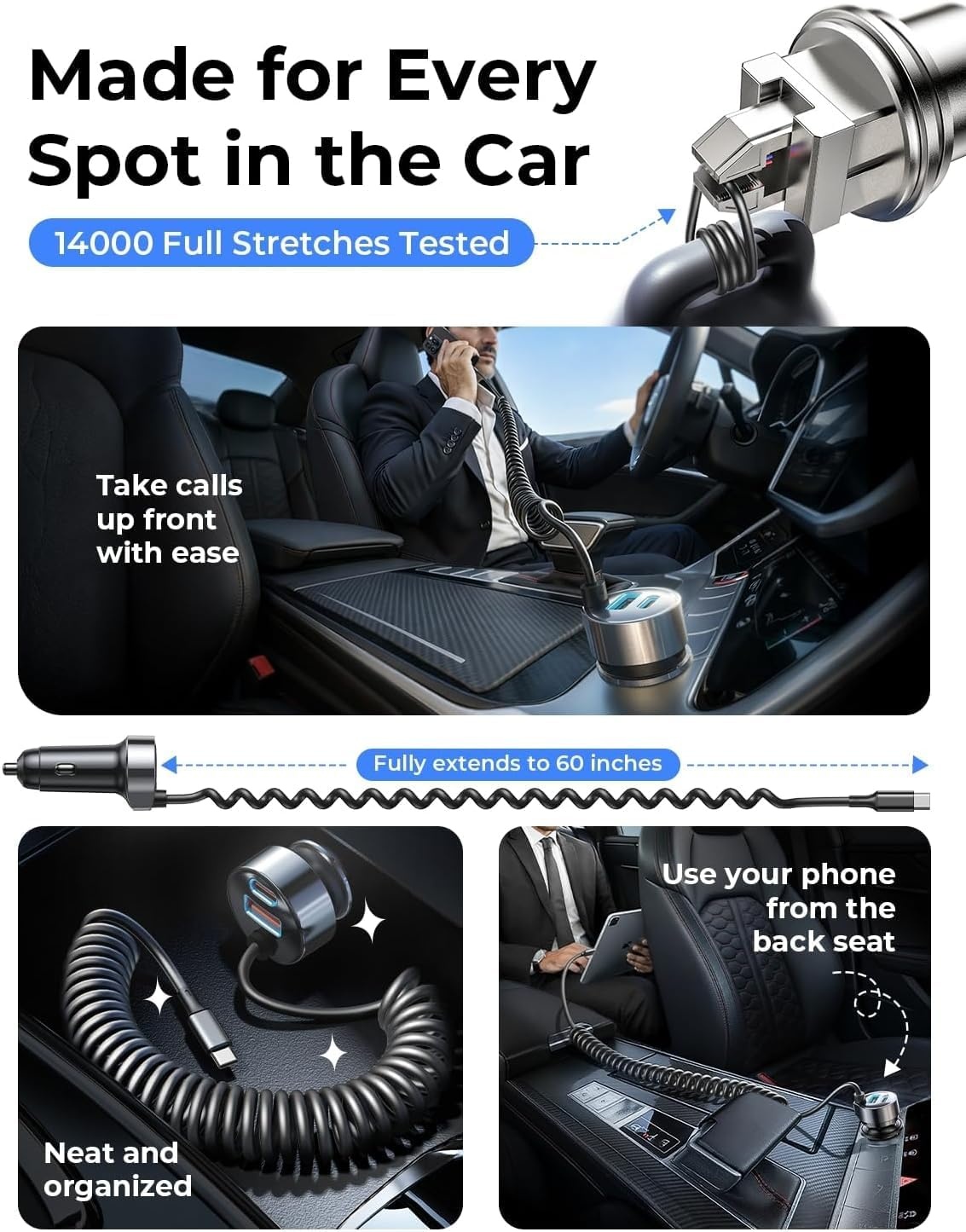 image:imageLISEN Car Charger with 45W Builtin USBC 36 inch Coiled Cable 90W MultiPort Fast Charging Cigarette Lighter Adapter for iPhone 171615 Pro Max Samsung Galaxy S26 Ultra BlackBlack60inch