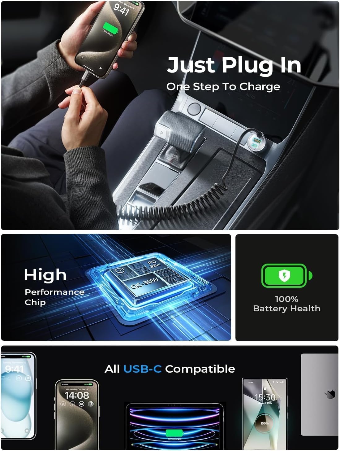 image:imageLISEN Car Charger with 45W Builtin USBC 36 inch Coiled Cable 90W MultiPort Fast Charging Cigarette Lighter Adapter for iPhone 171615 Pro Max Samsung Galaxy S26 Ultra BlackBlack36inch