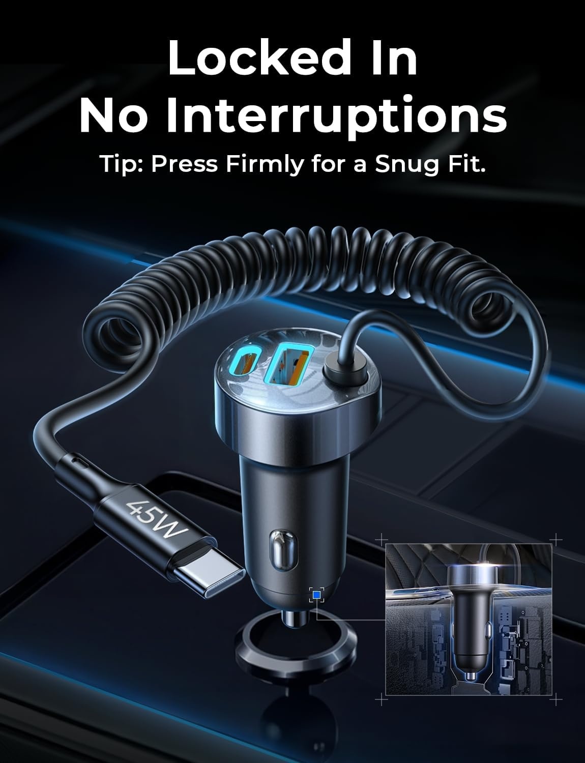 image:imageLISEN Car Charger with 45W Builtin USBC 36 inch Coiled Cable 90W MultiPort Fast Charging Cigarette Lighter Adapter for iPhone 171615 Pro Max Samsung Galaxy S26 Ultra BlackBlack60inch