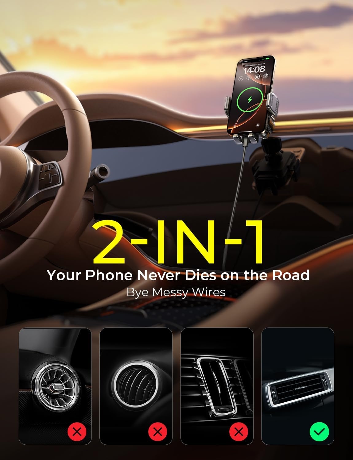 image:imageLISEN Wireless Car Charger 15W Fast Charging Air Vent Phone Mount Car Phone Holder Charger No Shake Wireless Charging Mount for iPhone17 16 15 14 13 12Pro Max Samsung Galaxy Series All Smartphones