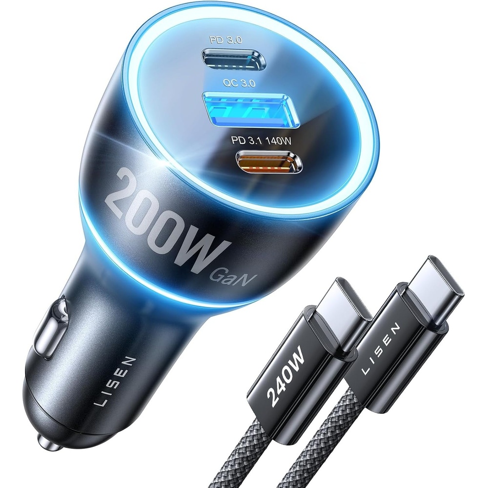 image:imageLISEN 200W Car Charger USB C Fast Charge GaN PD 140W Fast Car Charger