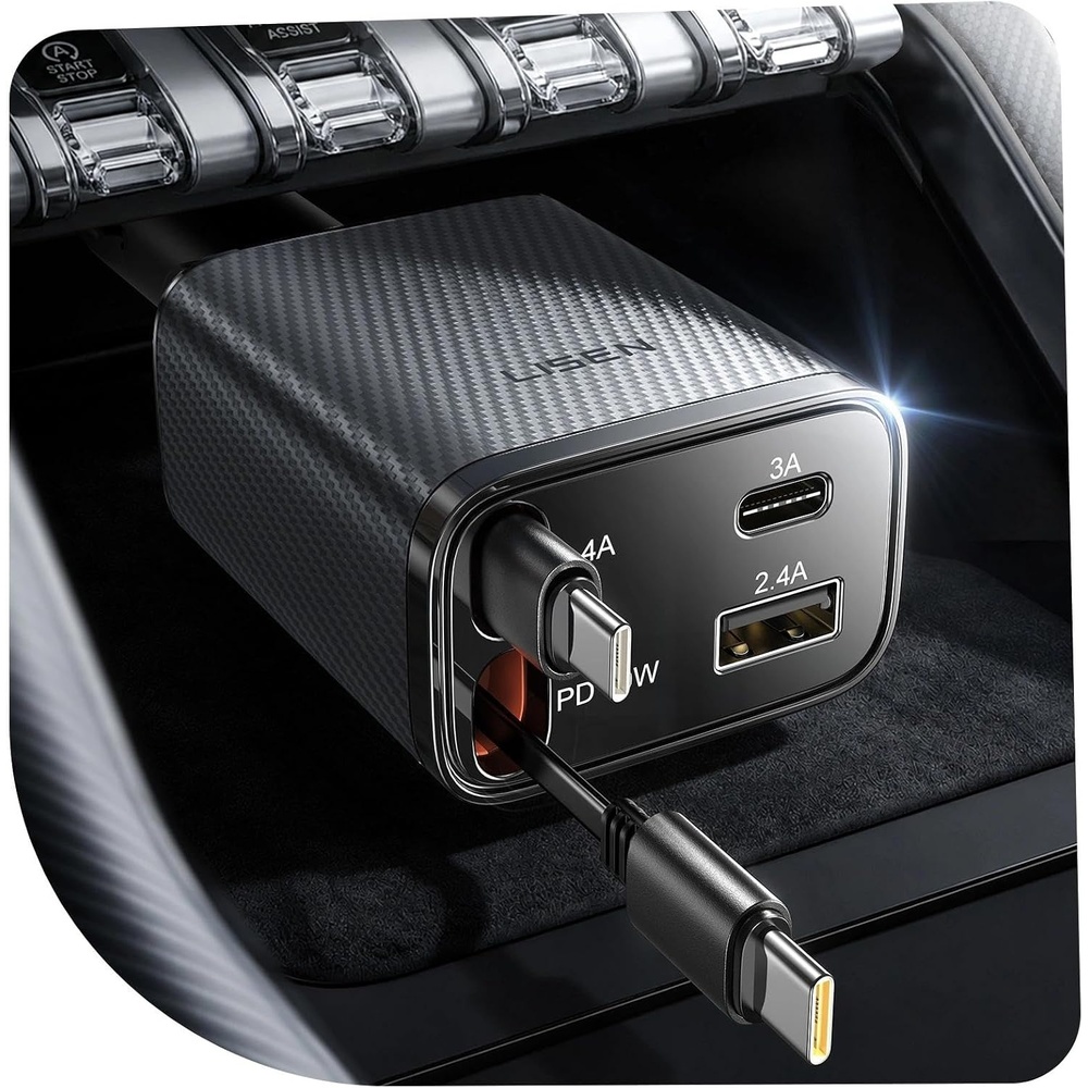 image:imageLISEN 72W Retractable Car Charger UltraCompact USBC Fast Car ChargerCarbon Grey