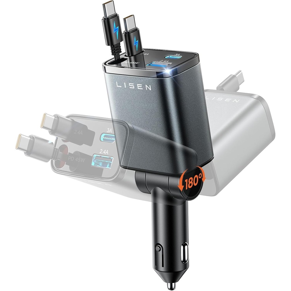 image:imageLISEN 72W Retractable Car Charger UltraCompact USBC Fast Car ChargerGrey